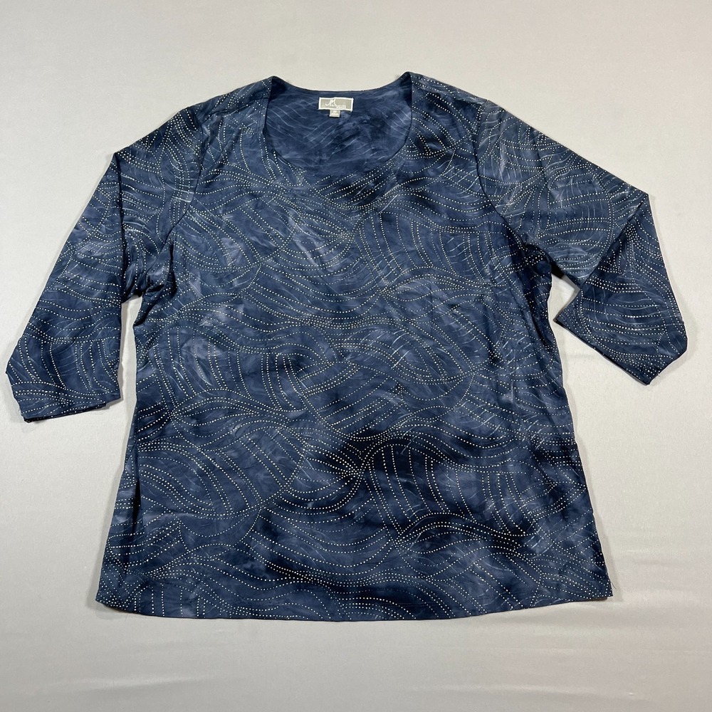 JM Collection Tunic Top Women 2X Dark Blue Tie Dye Wavy Lines Stretch Scoop Neck
